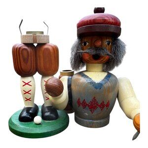 Christian Ulbricht Seiffener German Wooden Smoker Golfer Figurine 10.5" Vtg READ